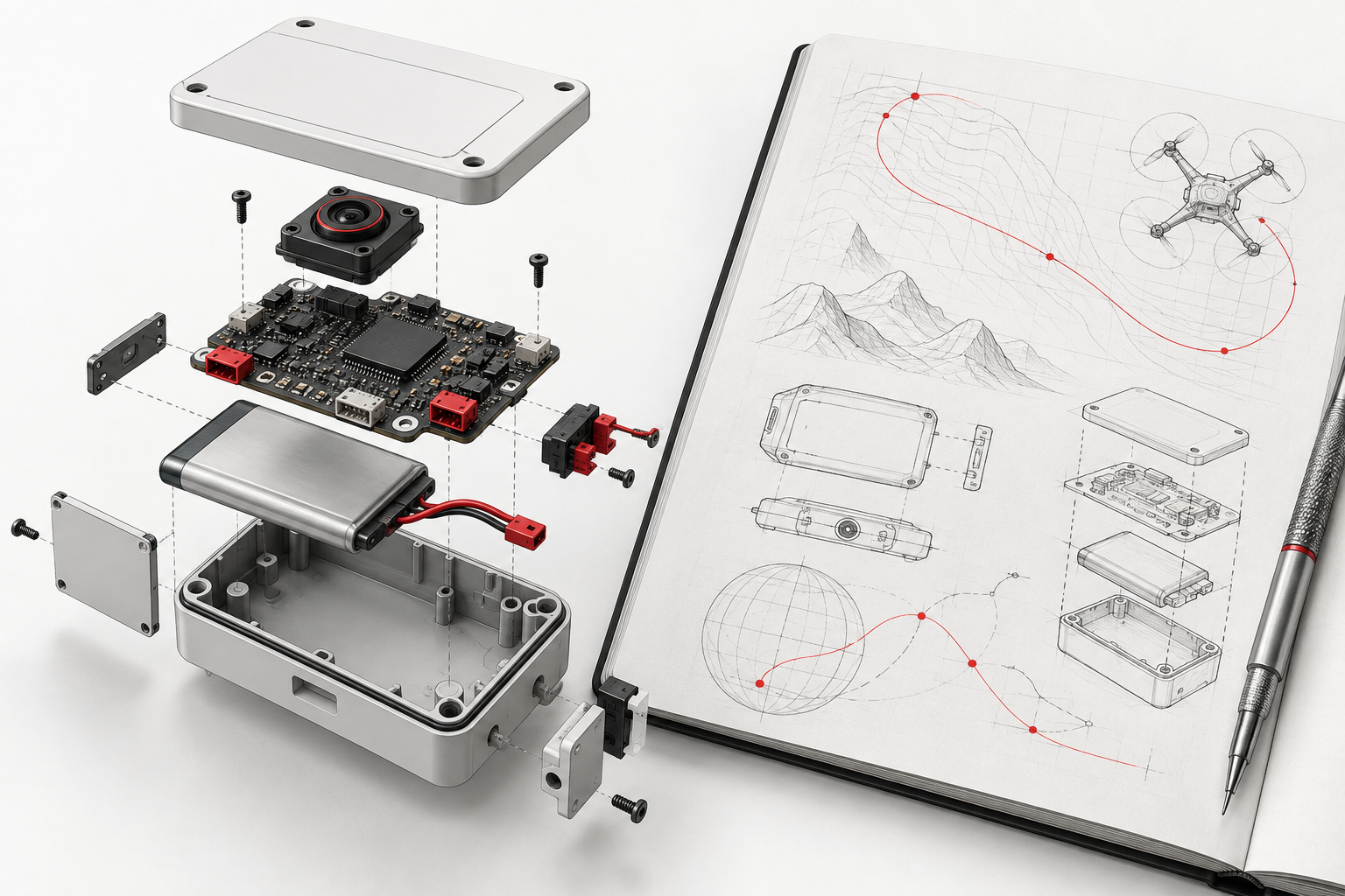 Electronic components and test notes illustrating technical collaboration