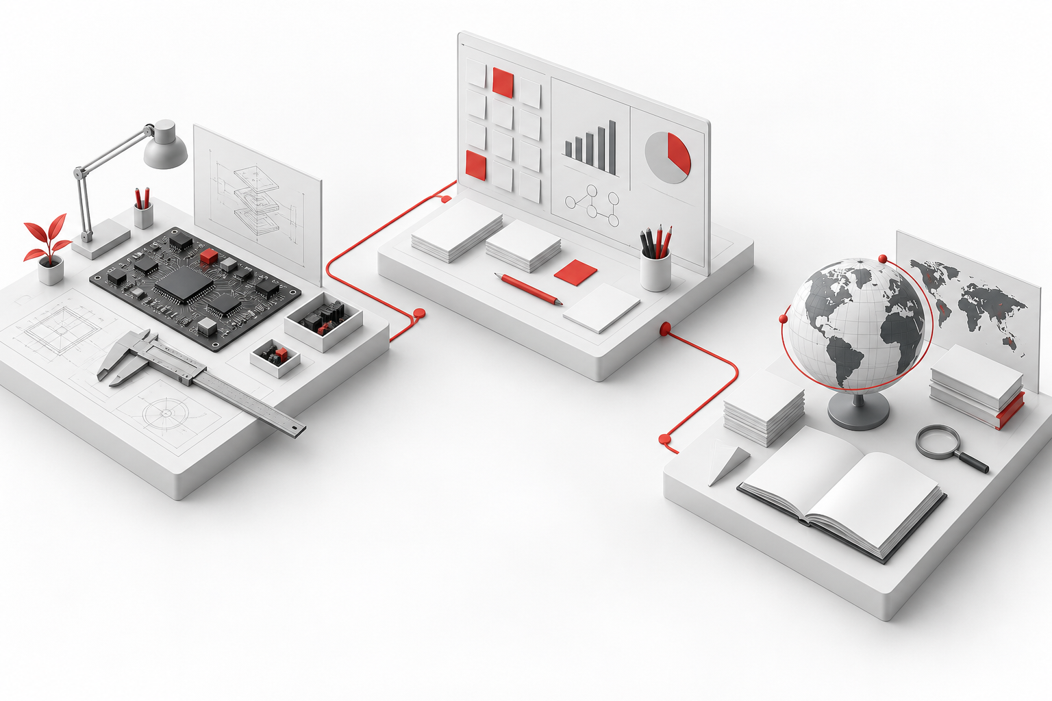 A concept illustration connecting product development, business strategy, and global market roles
